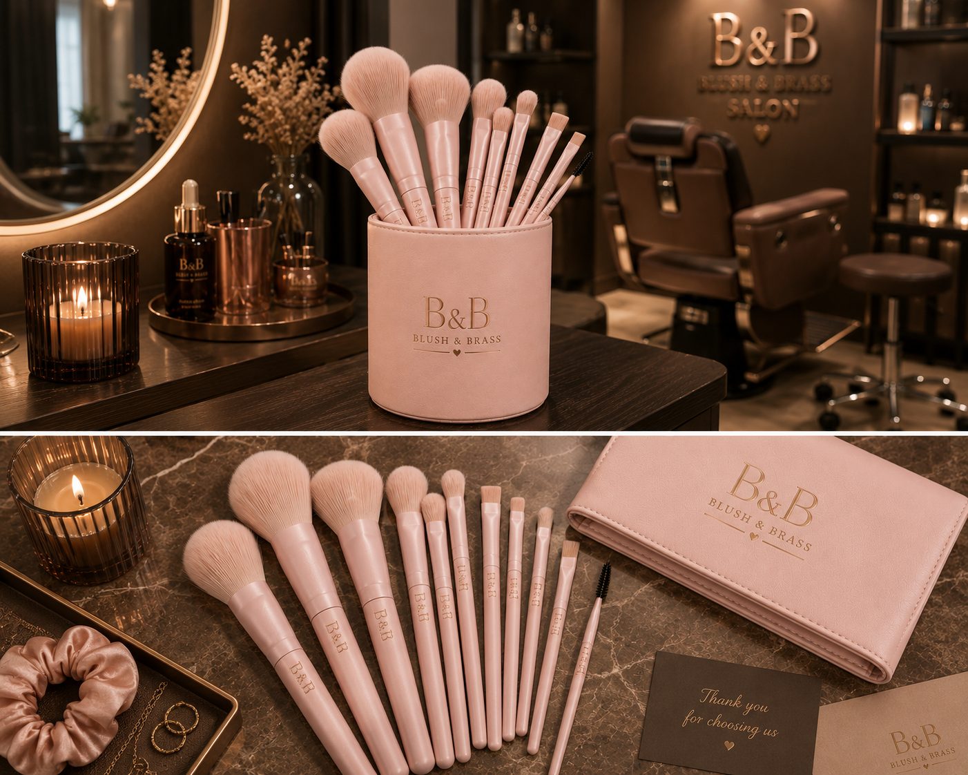 B&B Makeup Brush Set on Vanity — Blush & Rose Gold